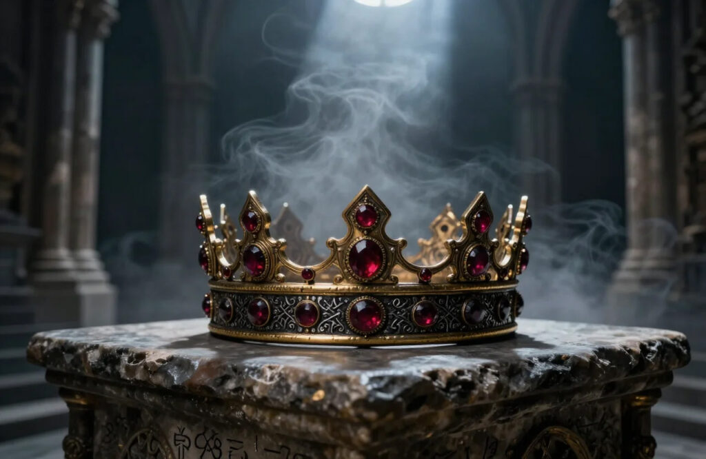 A jeweled crown resting on a stone altar.